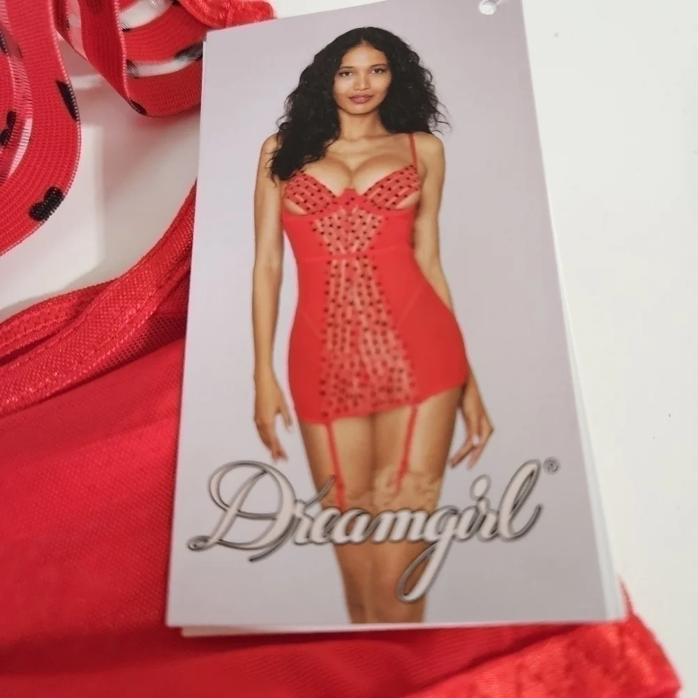 NEW Dreamgirl Piece of my Heart Red Strappy Sexy Chemise Garters Large